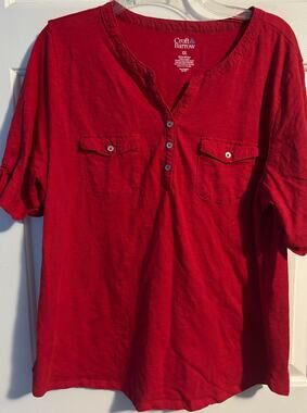 Croft & Barrow Red Slub Knit Eyelet Henley Shirt Womens XXL 2XL Roll Sleeve Tee